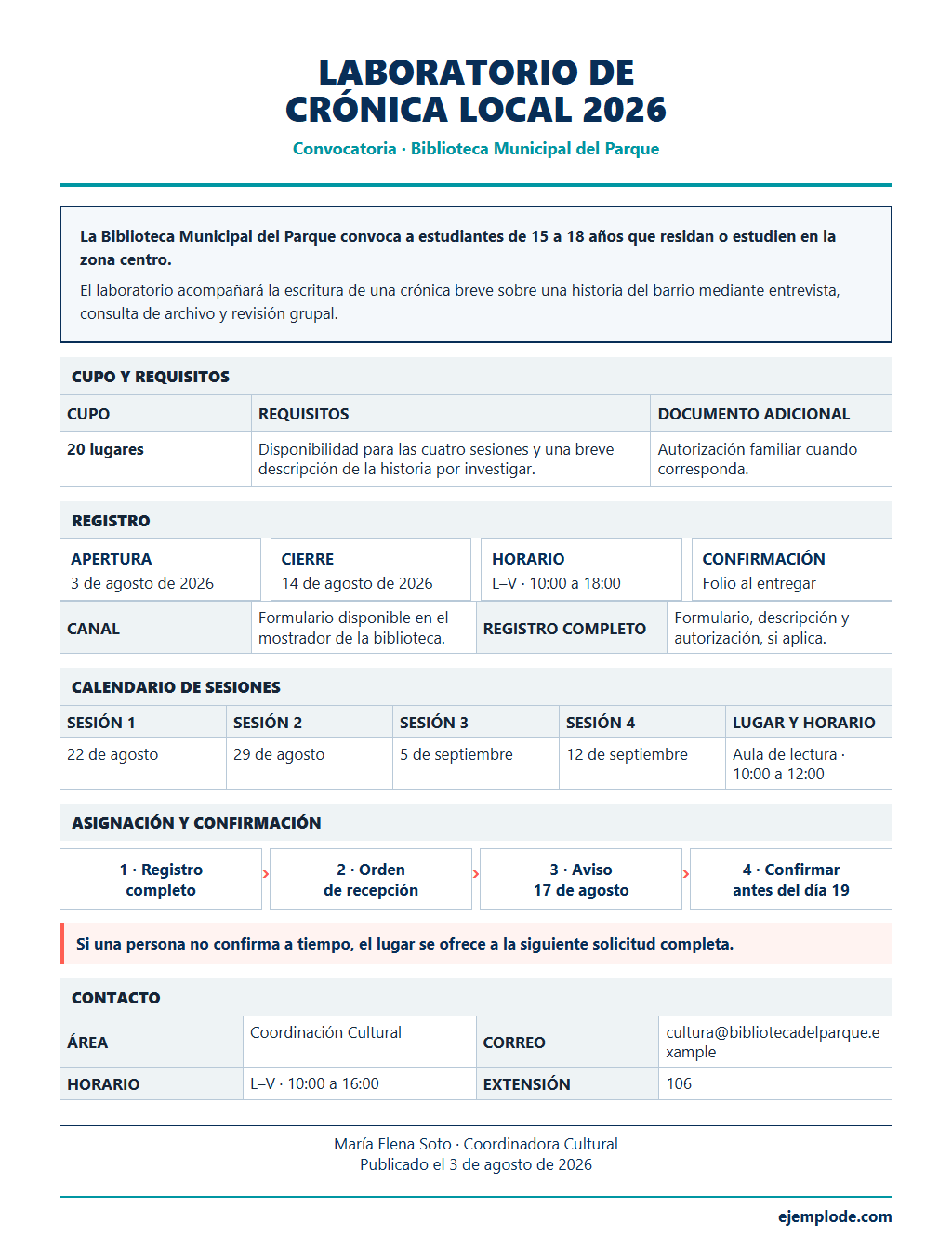 convocatoria laboratorio cronica local ejemplo