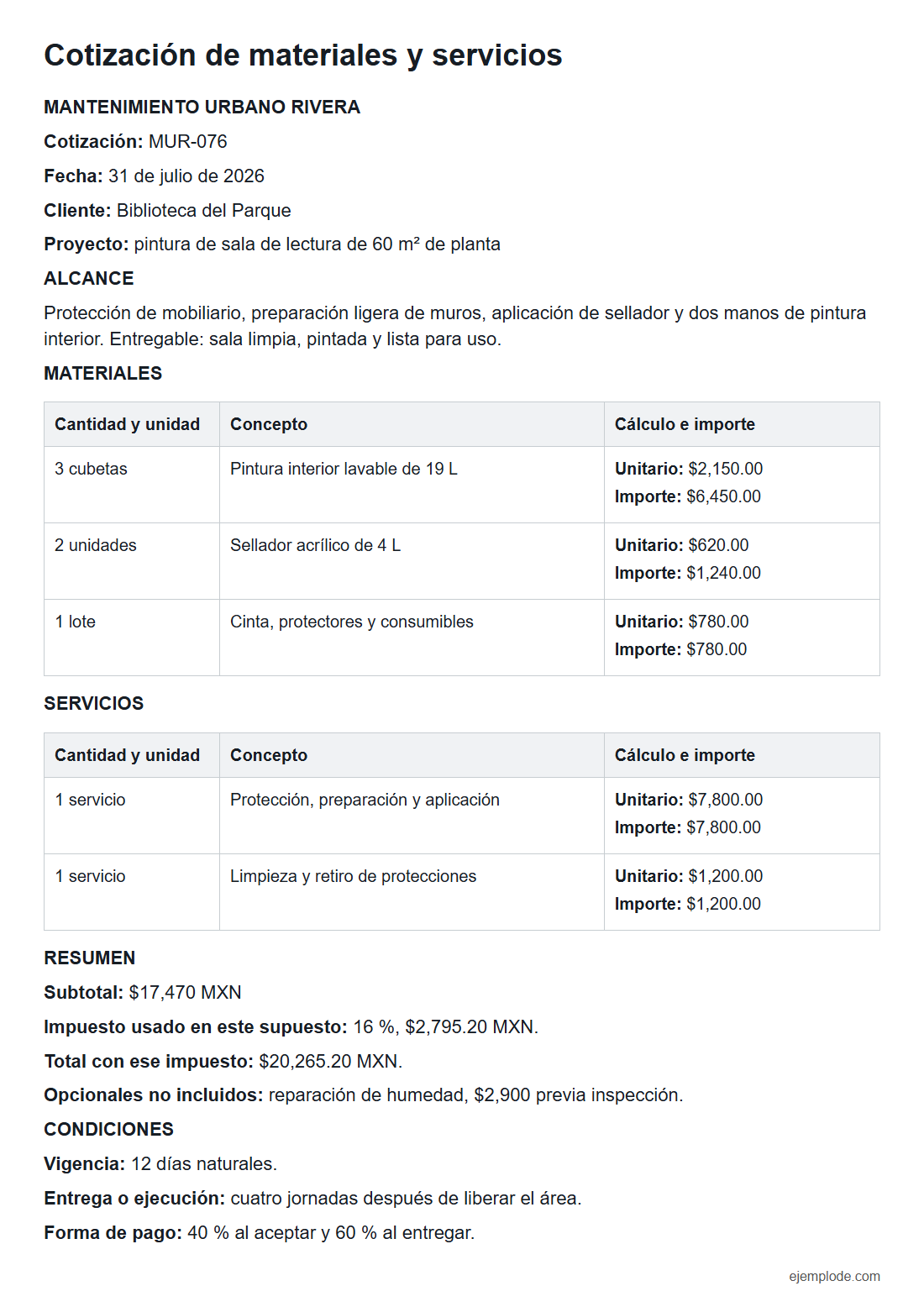 Ejemplo de cotización de materiales y servicios