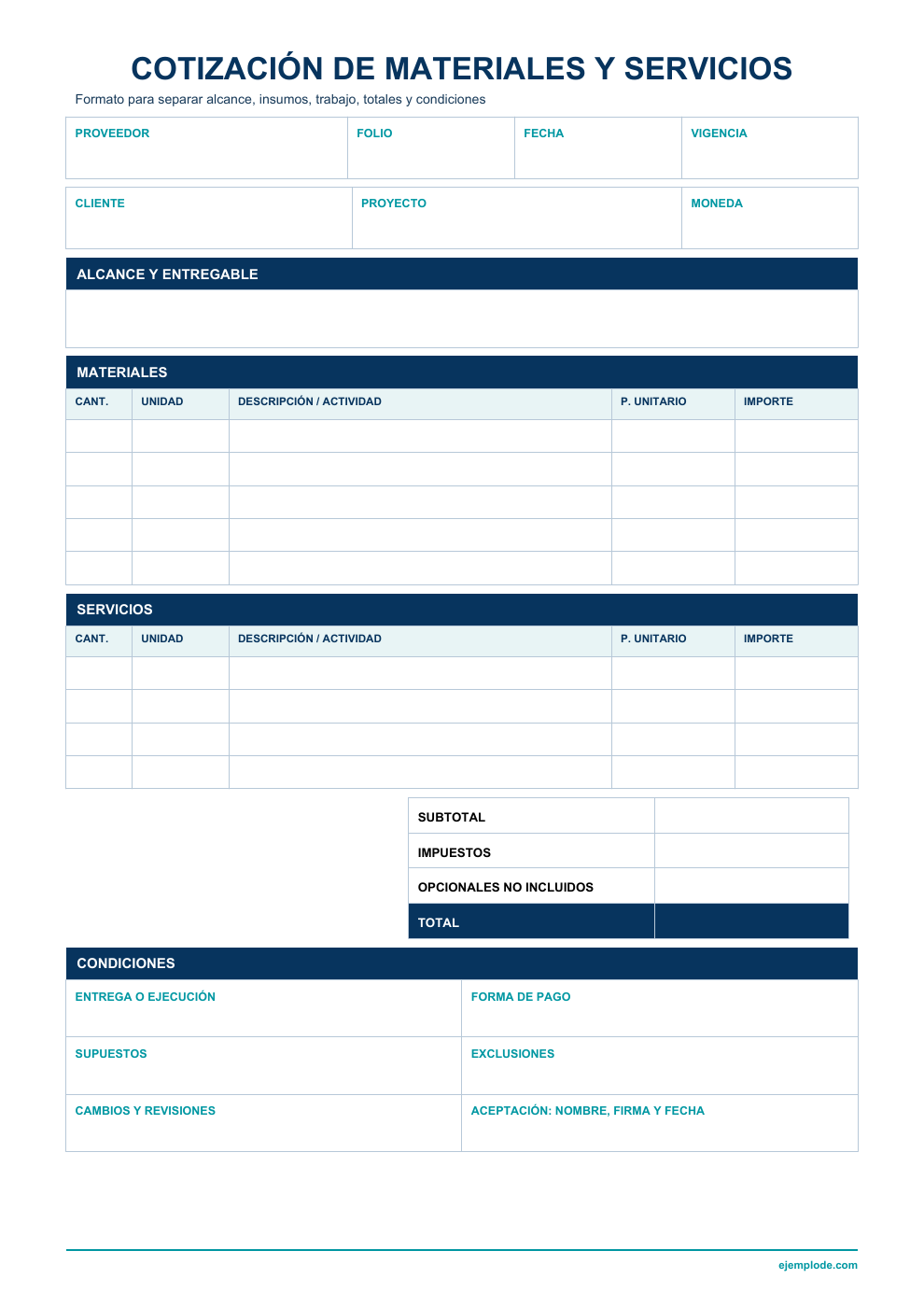 Formato vacío de cotización de materiales y servicios