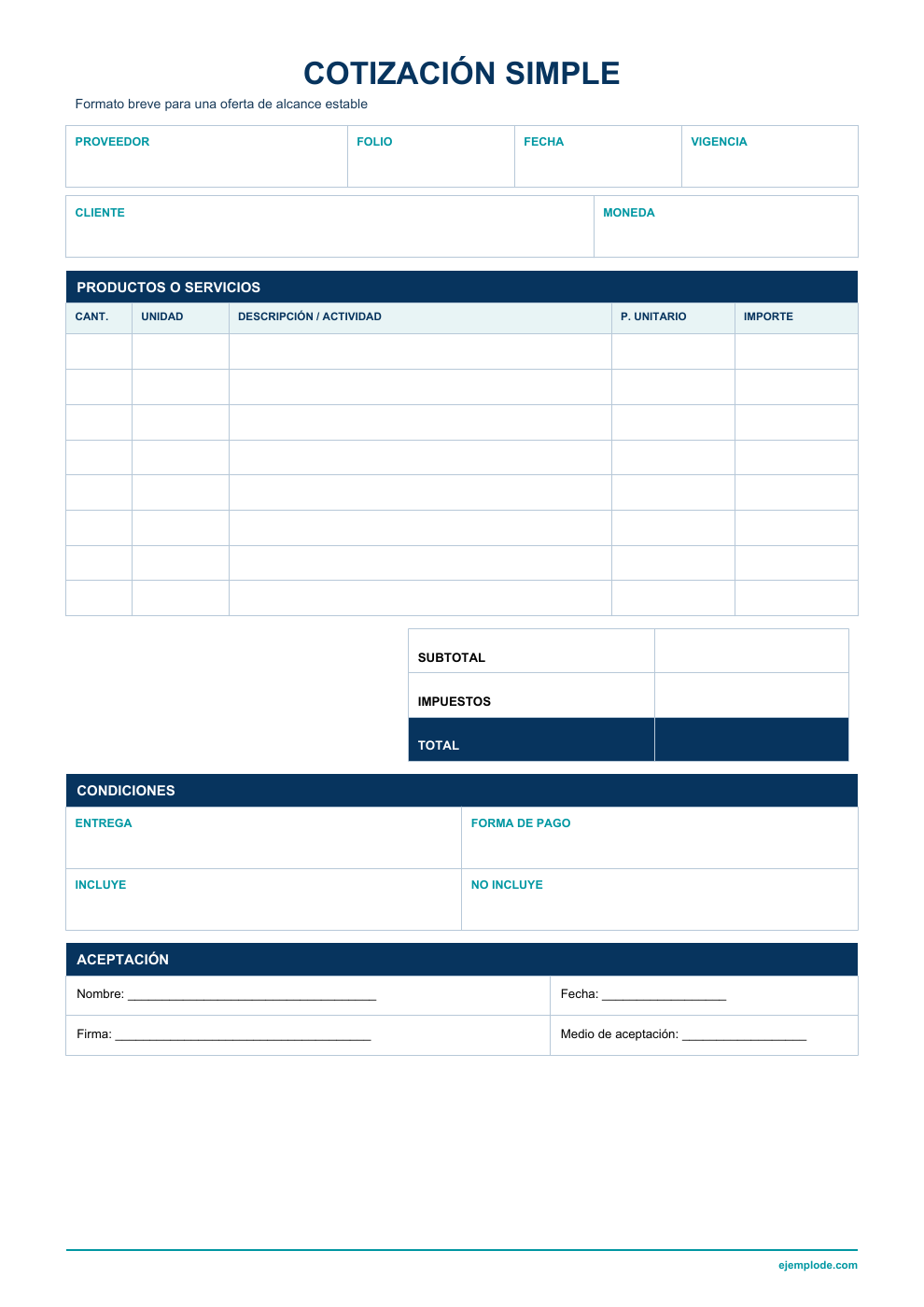 Formato vacío de cotización simple