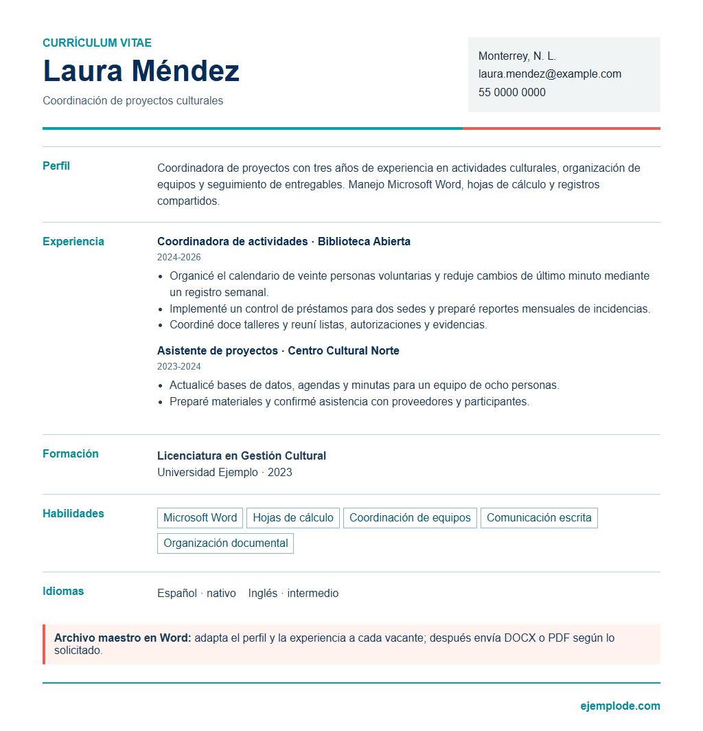 Currículum completo de coordinación cultural: contacto, perfil, experiencia, formación y habilidades.