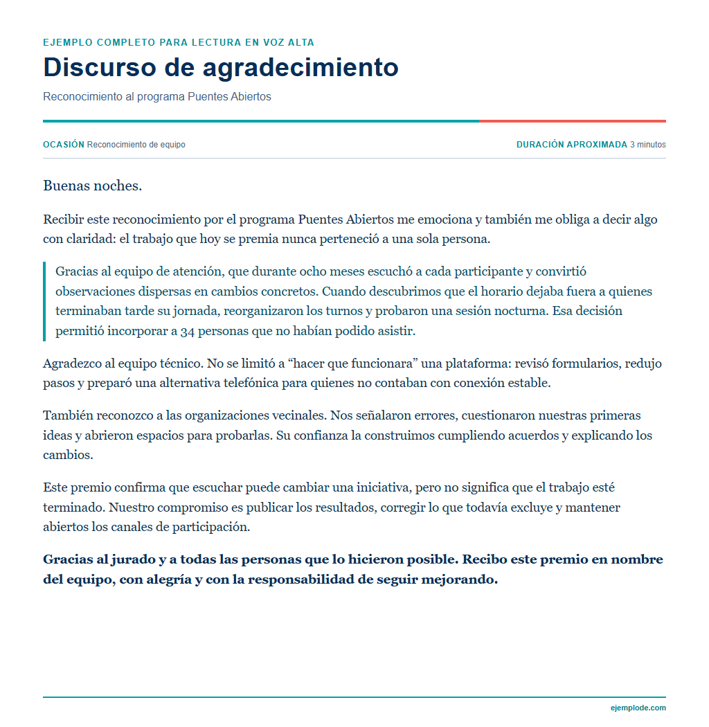 Ejemplo visual de Discurso de agradecimiento