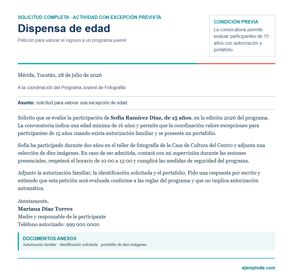 dispensa de edad solicitud ejemplo