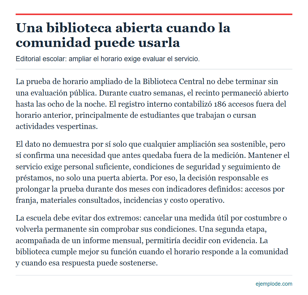 Editorial escolar sobre el horario de la biblioteca con postura, limite y propuesta