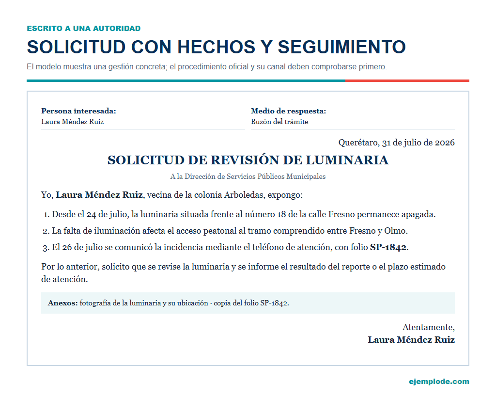escrito a autoridad solicitud luminaria completa