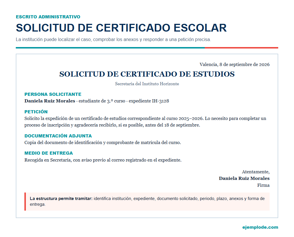 Solicitud de certificado: identificación del expediente, petición, anexos y forma de entrega.