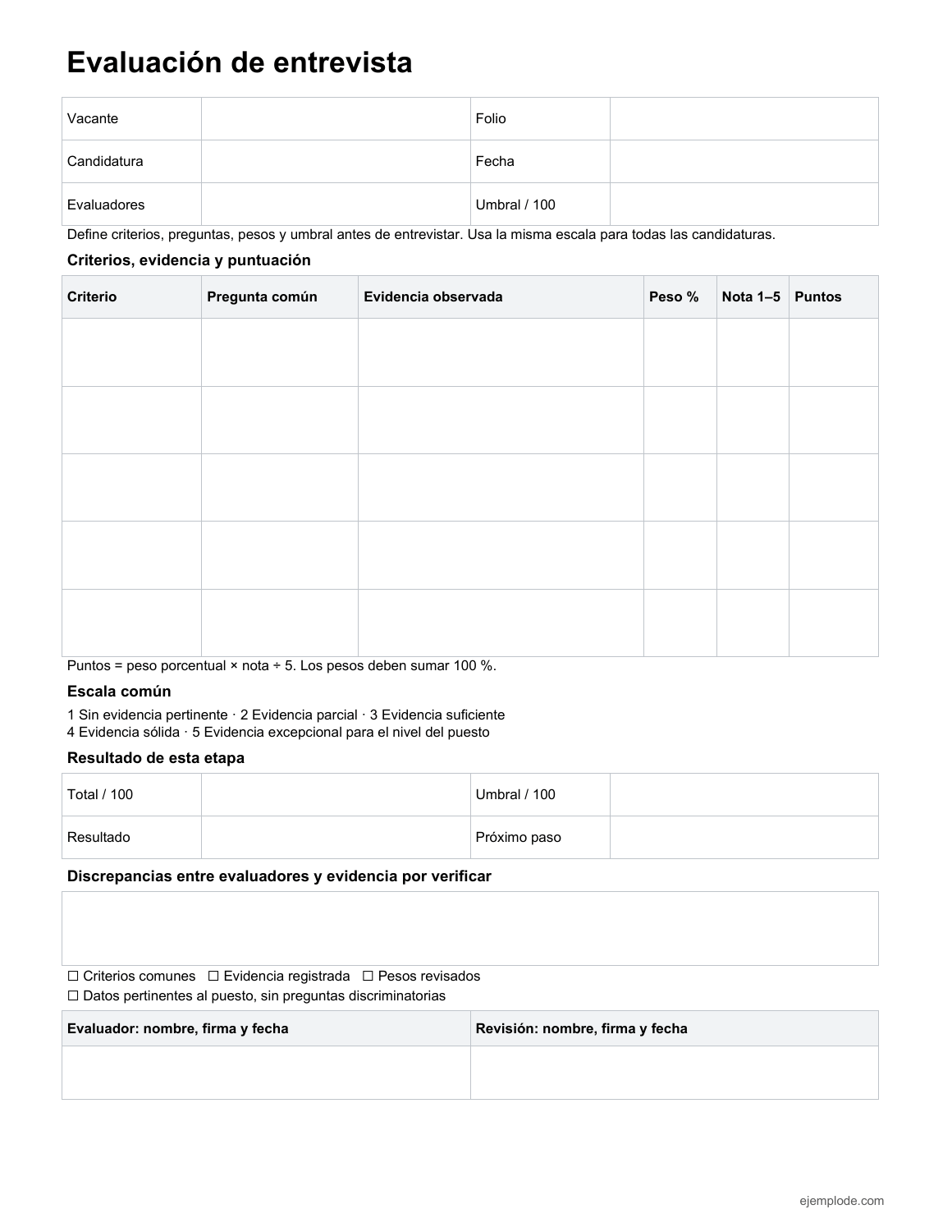 Formato vacío de evaluación de entrevista para rellenar a mano
