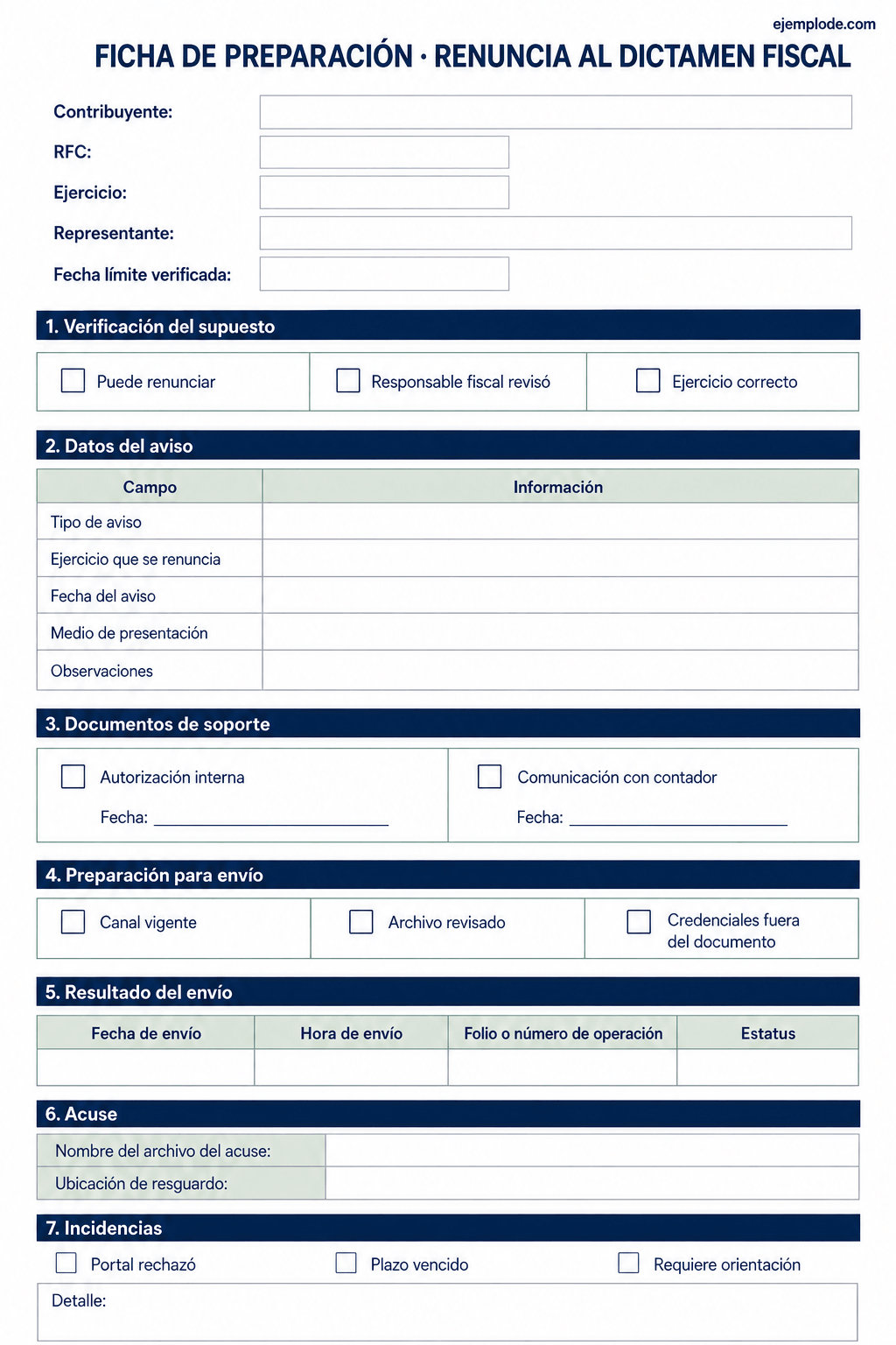 Hoja vacía para preparar el aviso fiscal y registrar envío y acuse