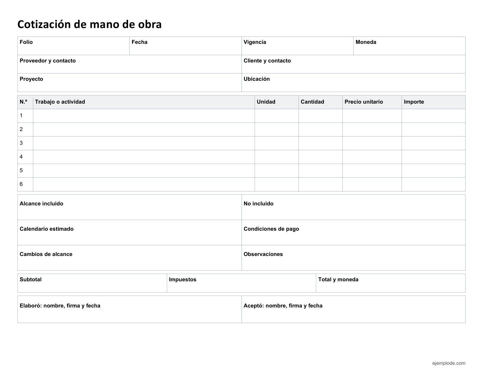 Formato vacío de cotización de mano de obra con seis partidas, condiciones, importes y aceptación