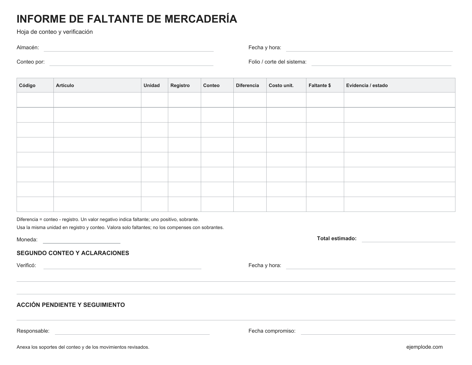 Hoja de conteo y verificación de faltantes