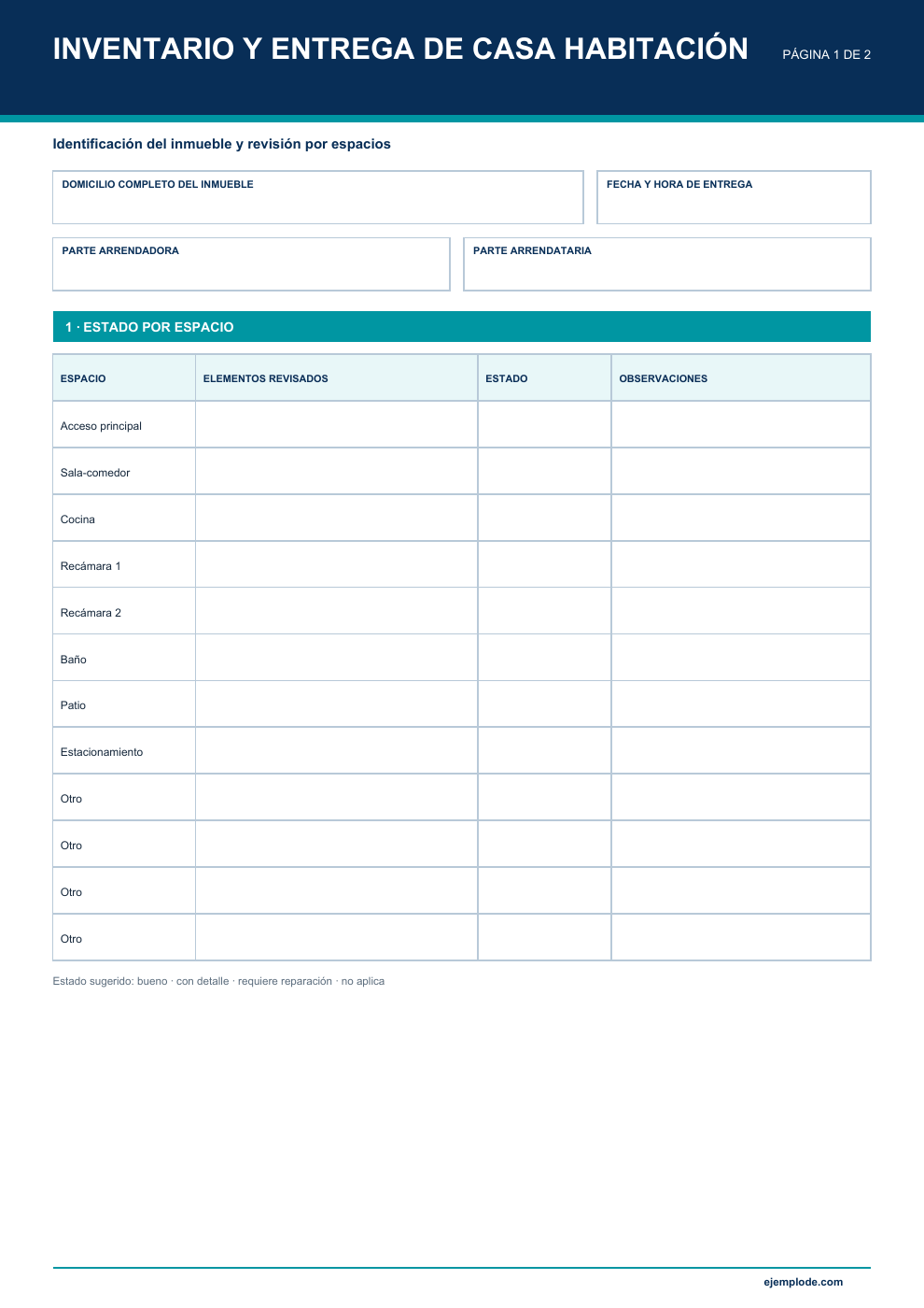 Inventario de entrega de vivienda en blanco: página 1 de 2, idéntica al PDF.