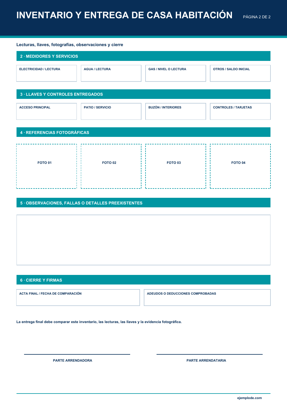 Inventario de entrega de vivienda en blanco: página 2 de 2, idéntica al PDF.