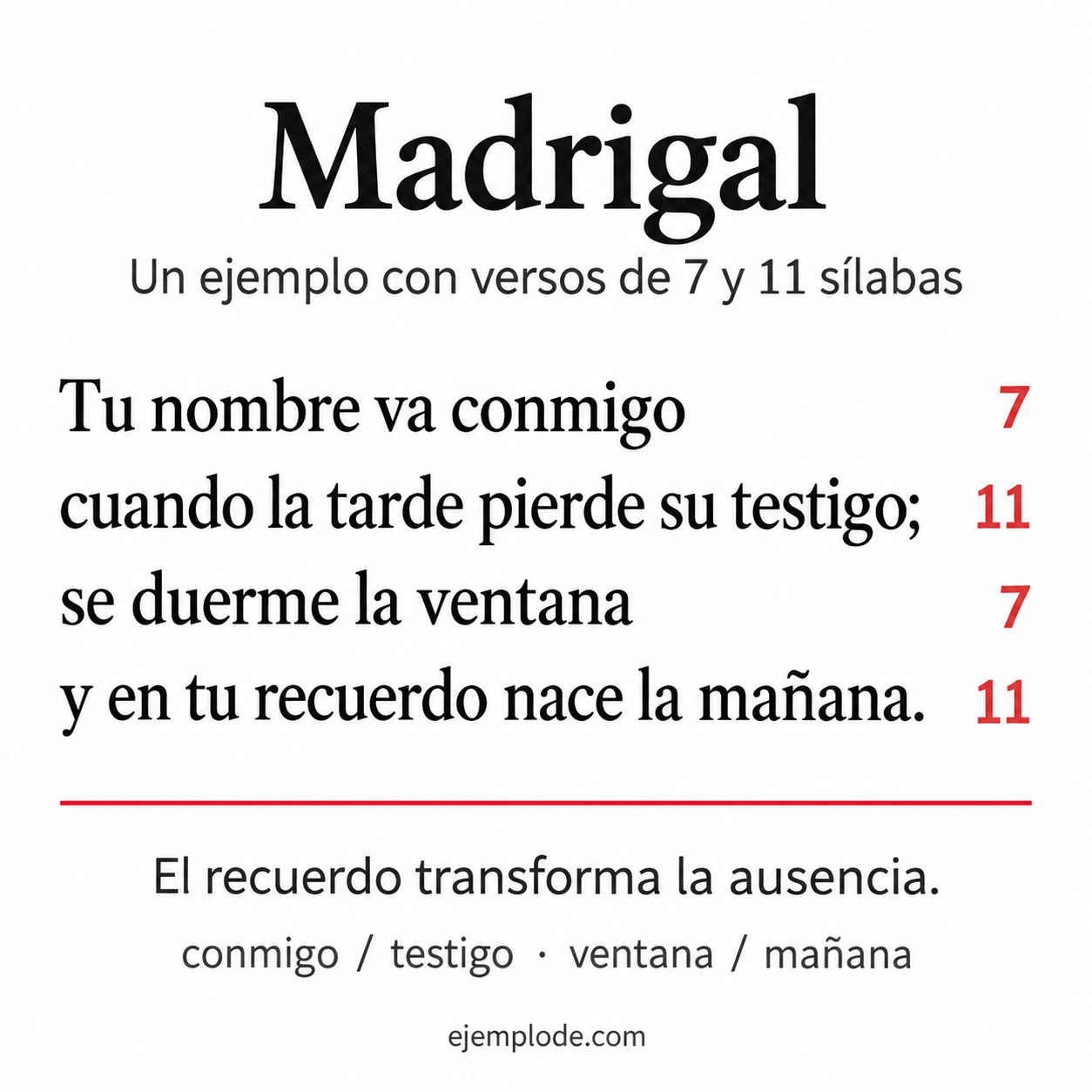Madrigal breve: combinación 7–11–7–11, con rimas conmigo/testigo y ventana/mañana.