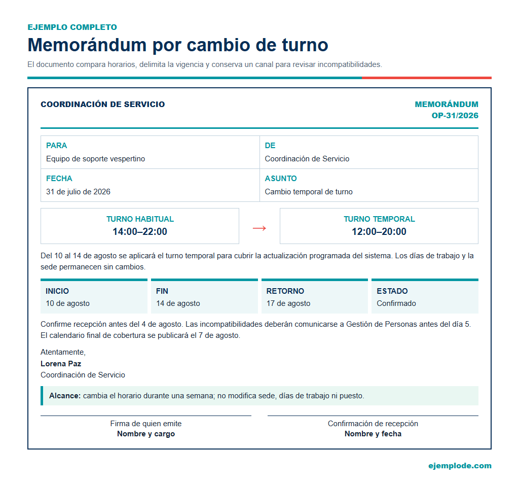 Cambio temporal de turno con horario anterior, nuevo horario y fecha de retorno.