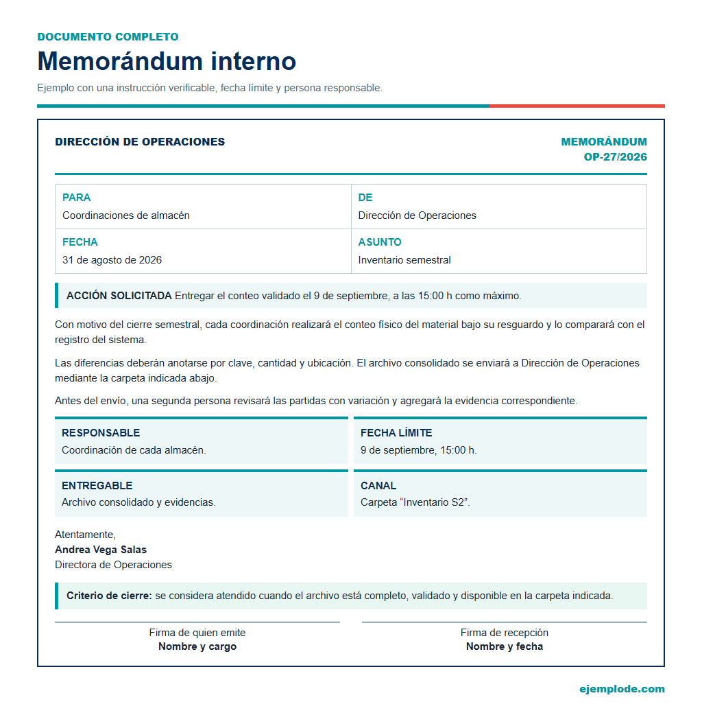 Memorándum interno con responsable, fecha límite, entregable y canal de respuesta.