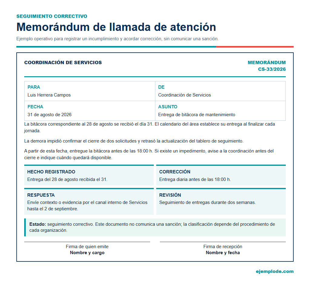 Comunicación de seguimiento con hecho, corrección solicitada y canal para aclaraciones.