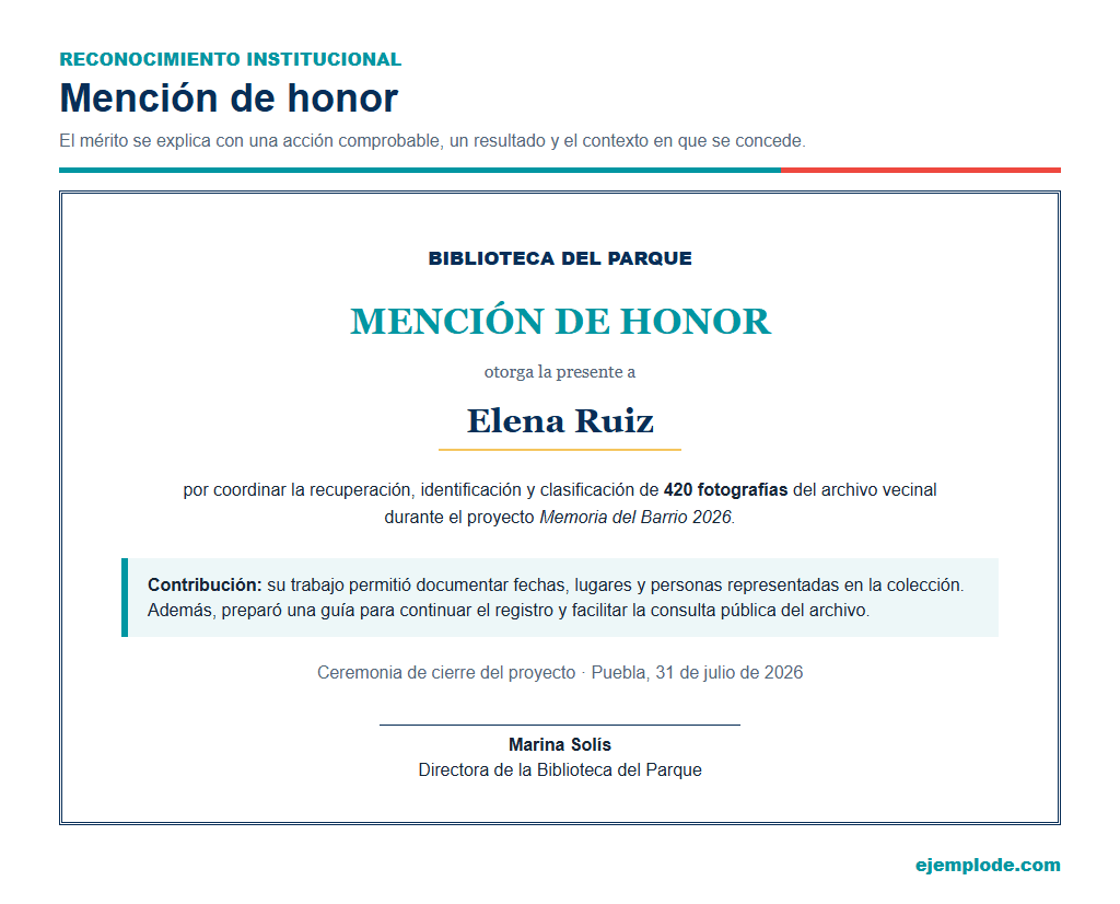 mencion honor ejemplo completo