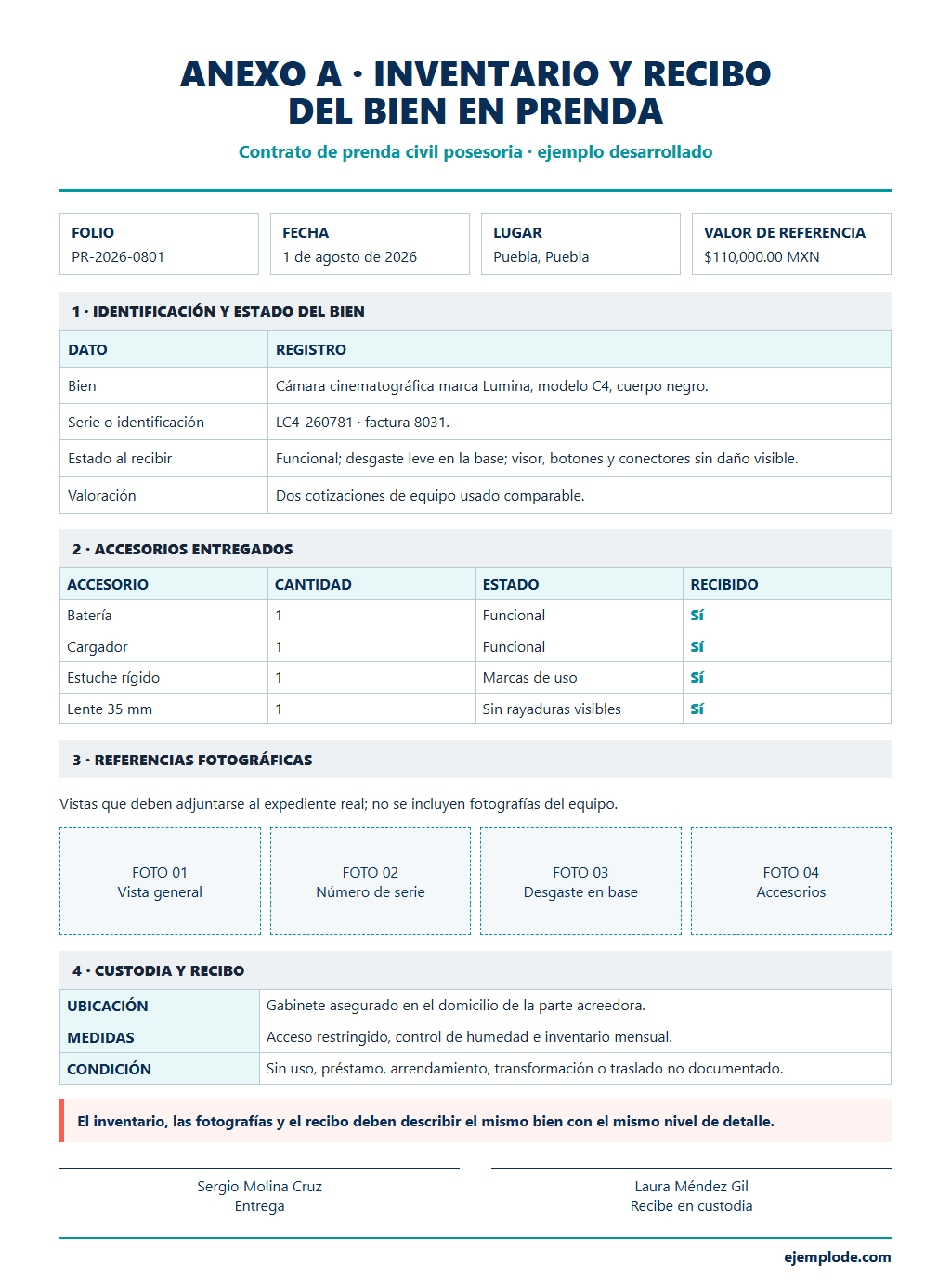 prenda inventario y recibo ejemplo