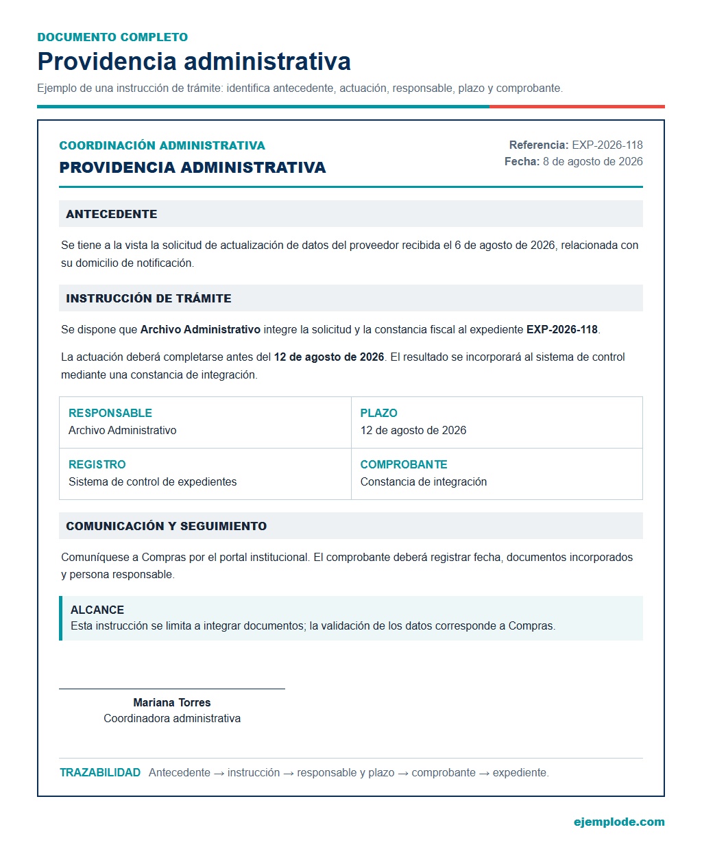 Instrucción para integrar documentos de un proveedor, con responsable, plazo y comprobante.
