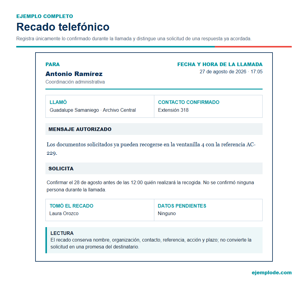 recado telefonico ejemplo completo