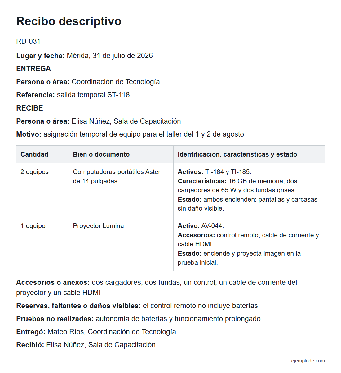 Ejemplo visual de Recibo descriptivo