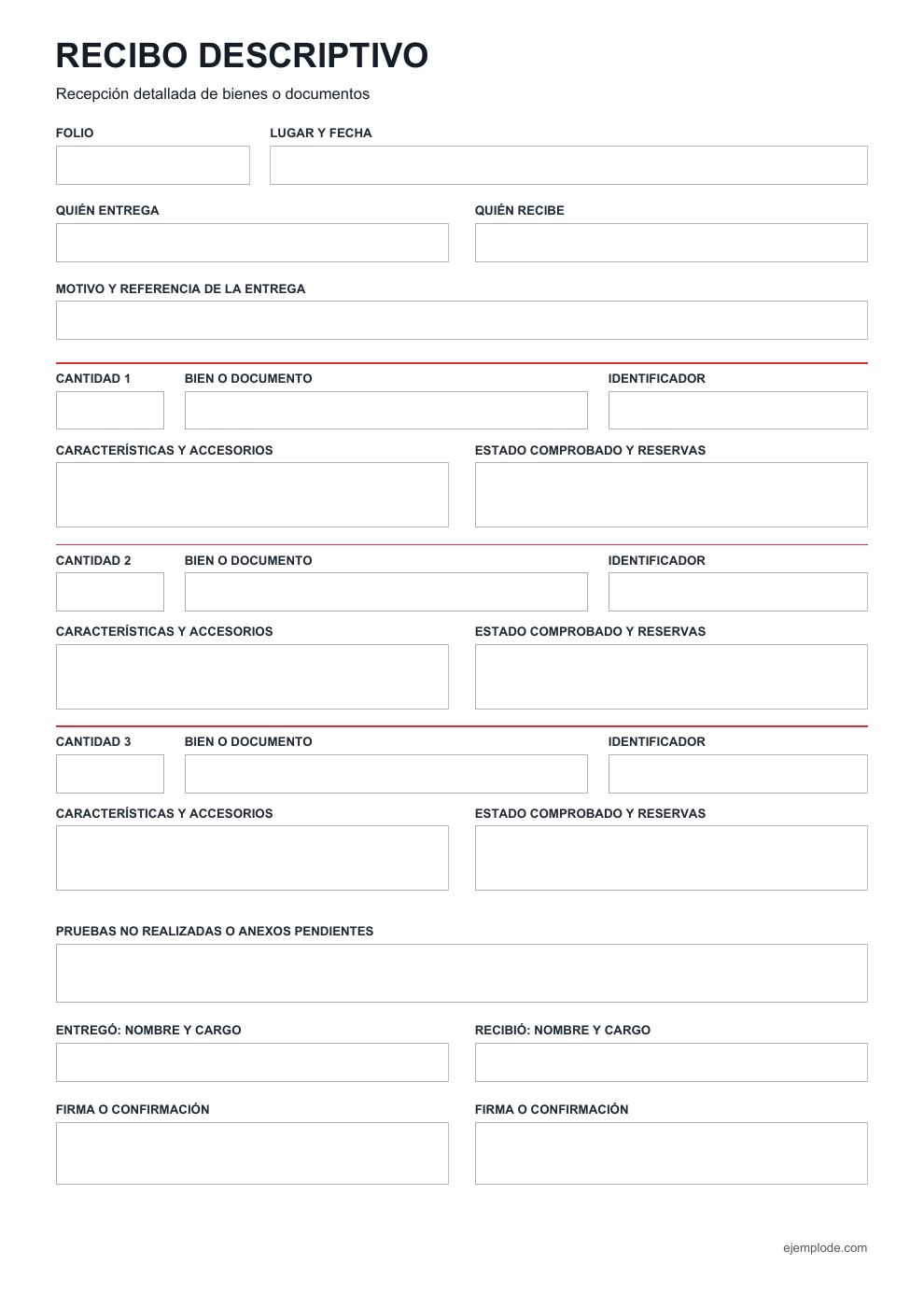 Formato vacío de recibo descriptivo