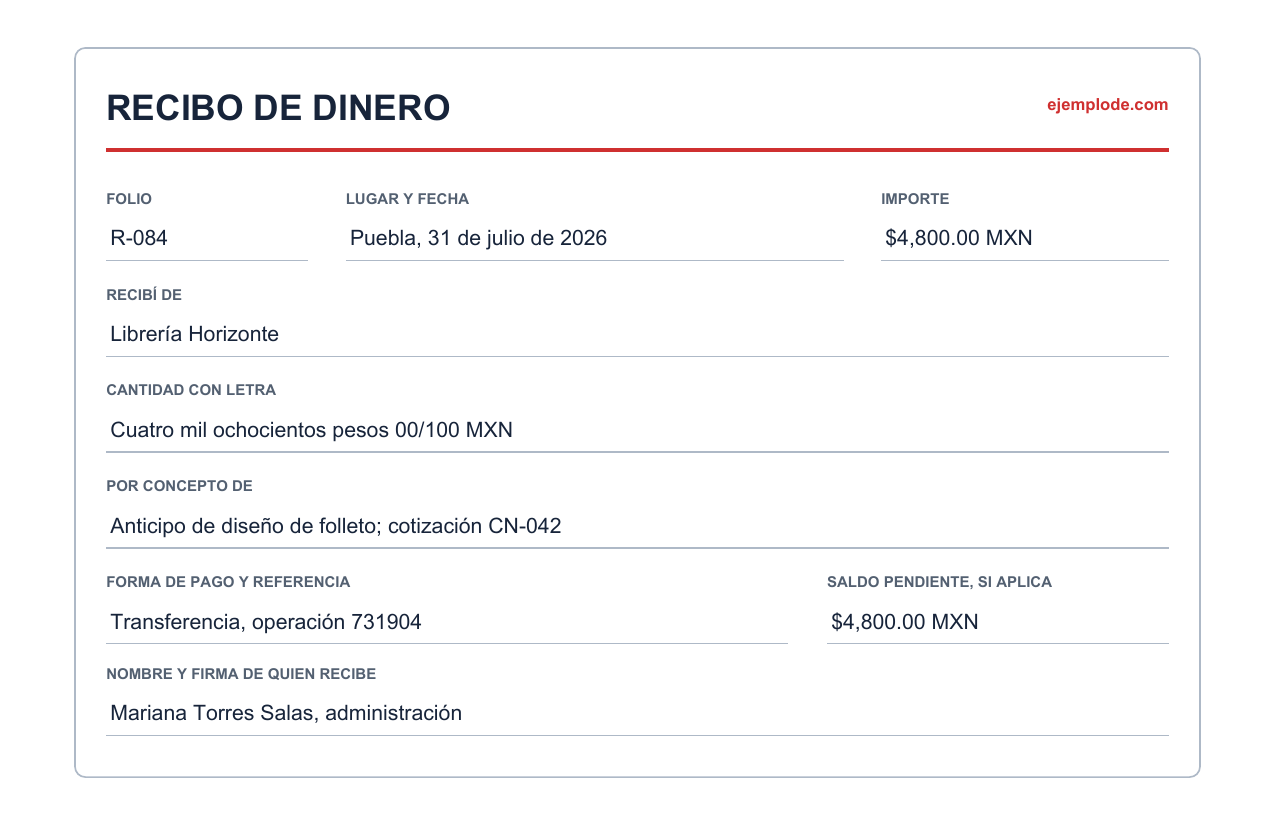 Recibo de dinero lleno con folio, importe, concepto y datos de quien recibe