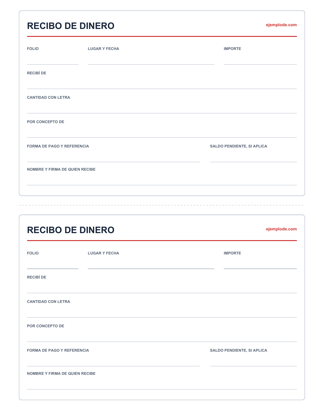 Dos recibos de dinero vacíos para completar e imprimir en una hoja carta