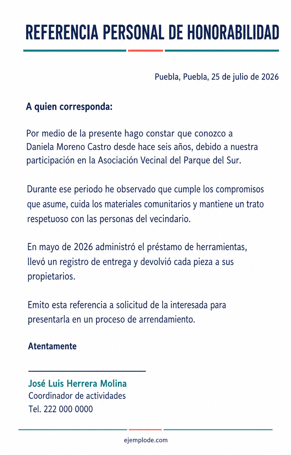 referencia personal honorabilidad ejemplo completo