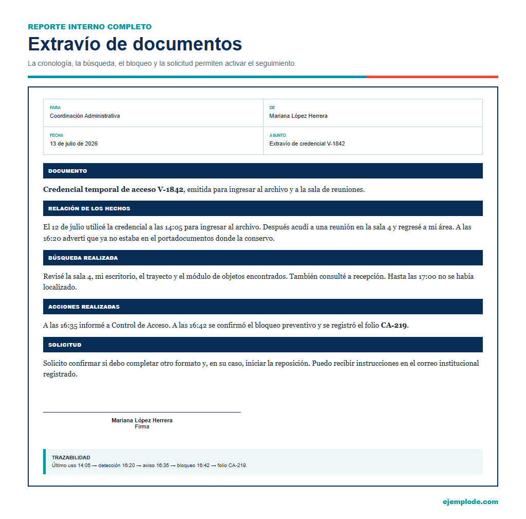 reporte extravio documentos ejemplo completo