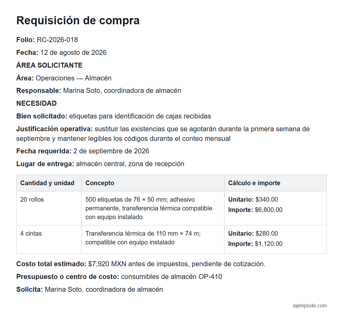 Ejemplo visual de Requisición de compra