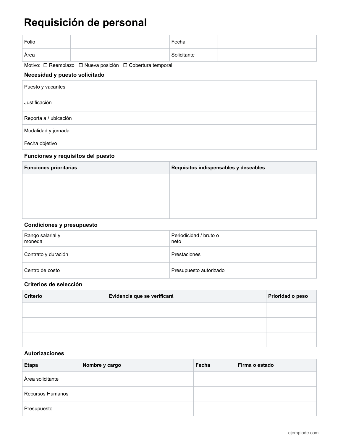 Formato vacío de requisición de personal para rellenar a mano