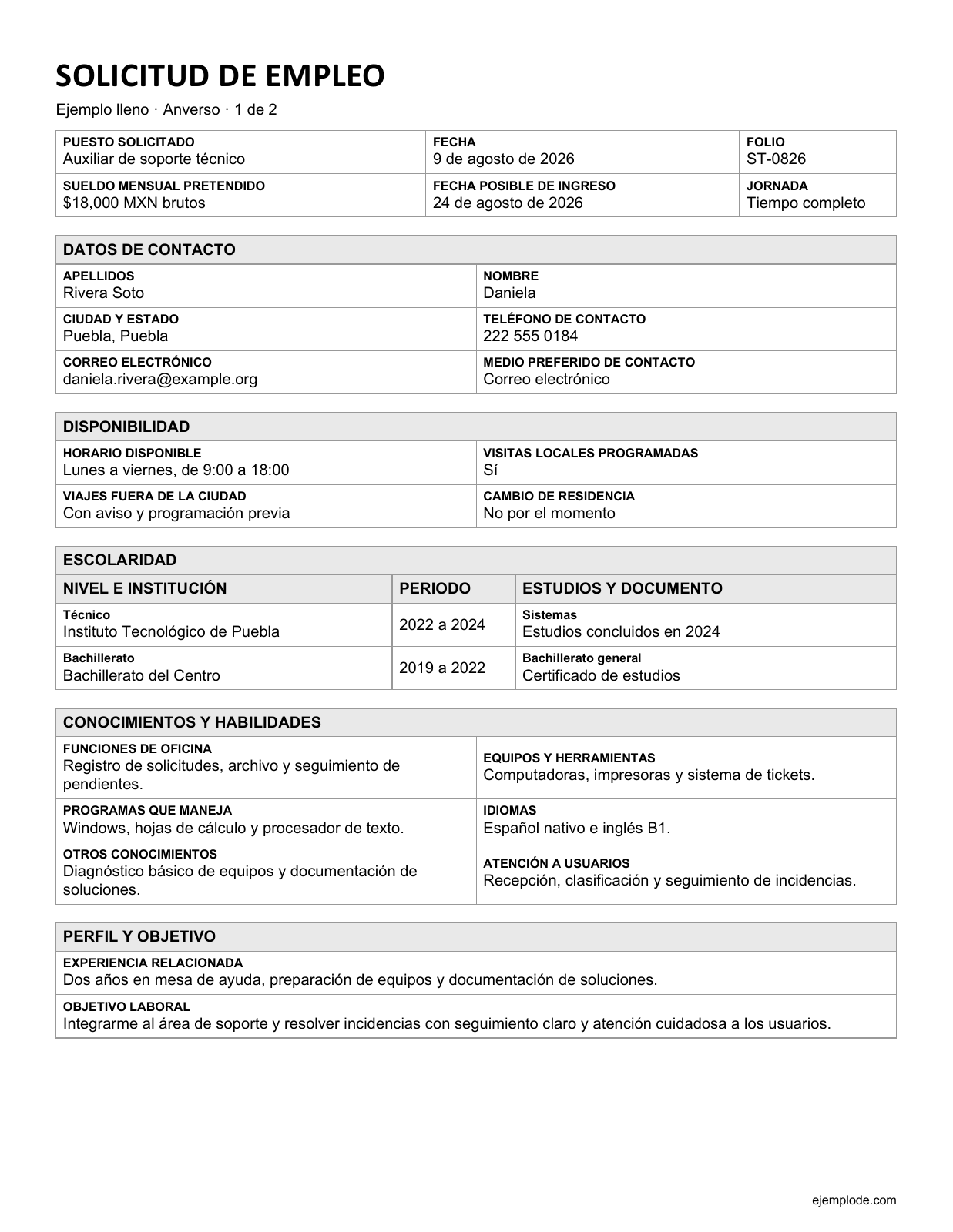 Anverso de una solicitud de empleo tradicional llena de Daniela Rivera Soto