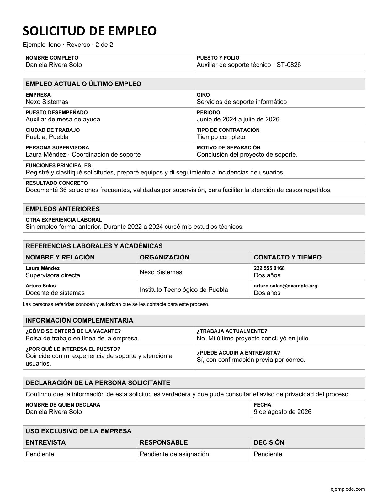 Reverso de una solicitud de empleo tradicional llena de Daniela Rivera Soto