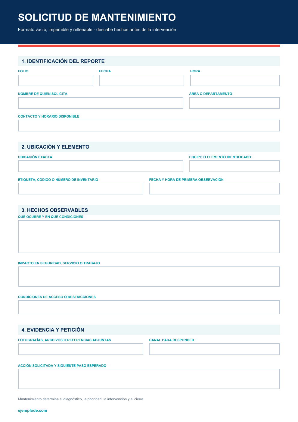 Formato vacío: Solicitud de mantenimiento