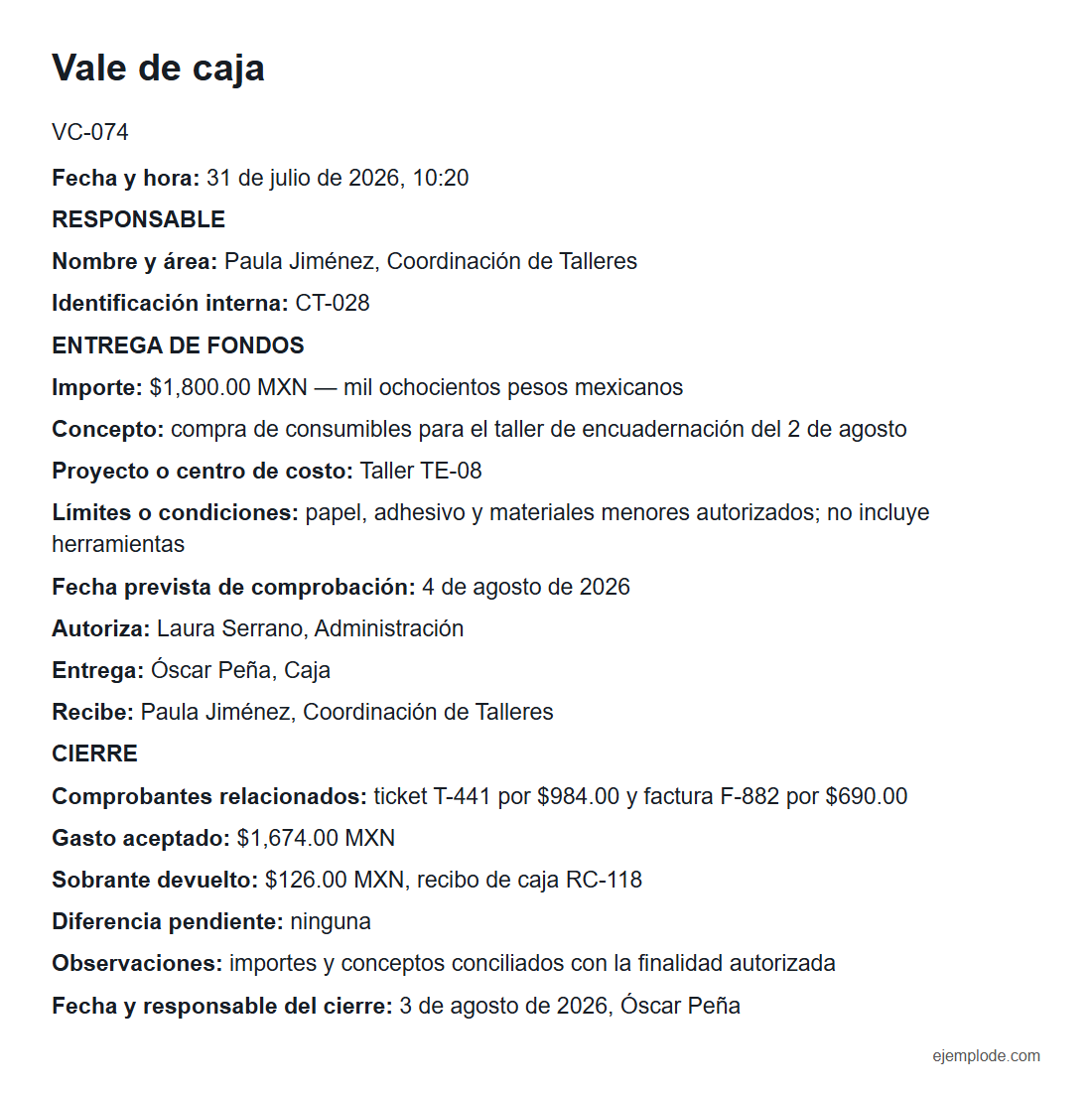 Ejemplo visual de Vale de caja