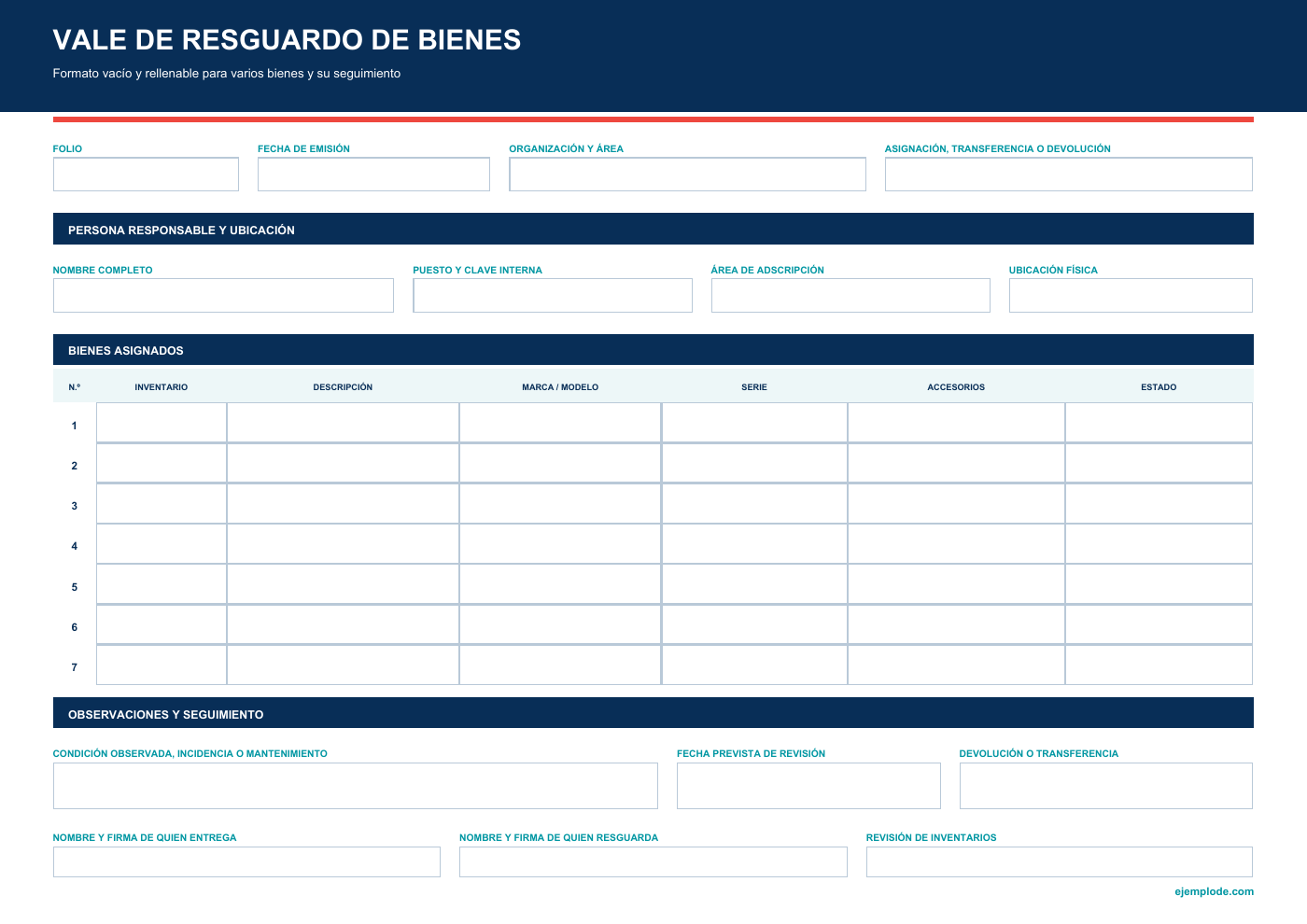 Vale de resguardo vacío con siete filas de bienes y campos de entrega y devolución