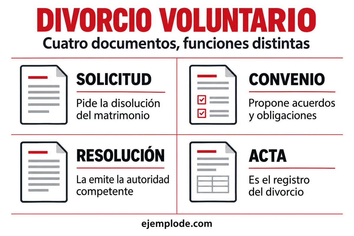 Diferencias entre solicitud, convenio, resolución y acta de divorcio