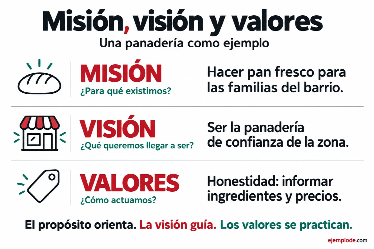 Panadería: misión de hacer pan fresco para las familias, visión de ser una opción de confianza y honestidad al informar ingredientes y precios