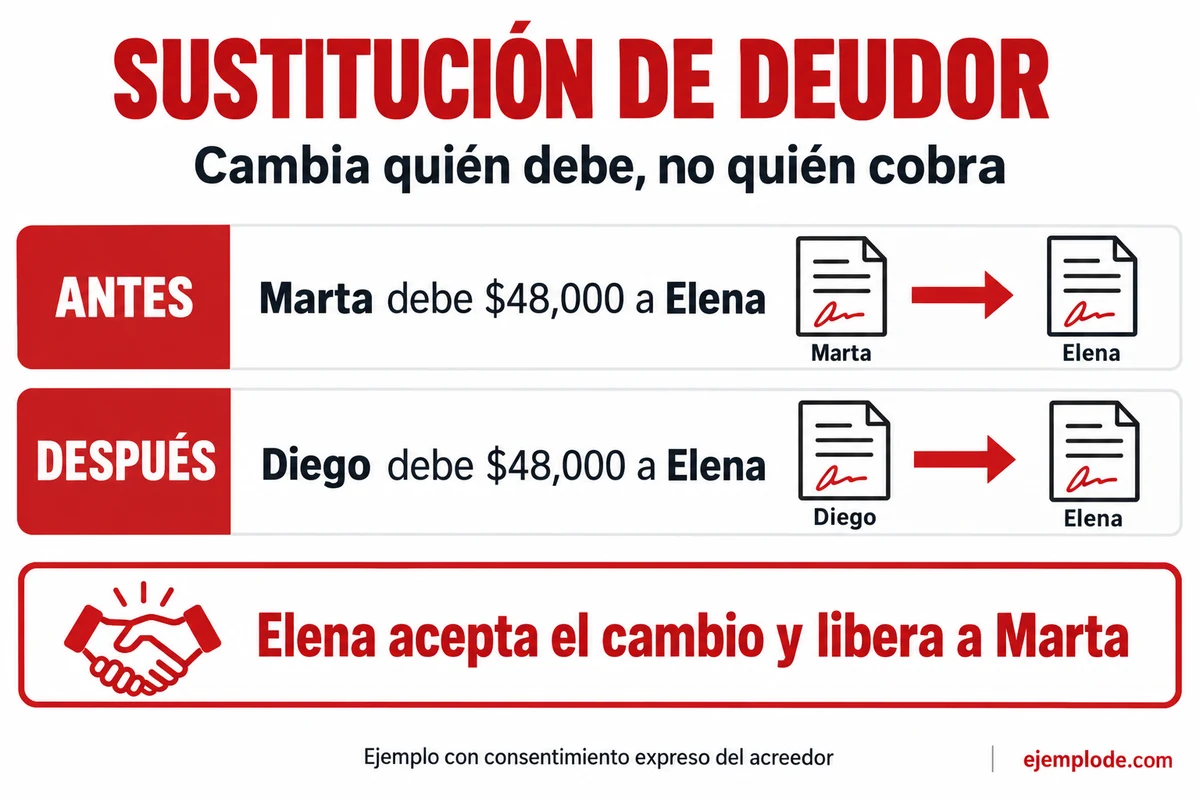 Ejemplo de sustitución de deudor: Diego asume 48.000 pesos ante Elena, quien acepta y libera a Marta